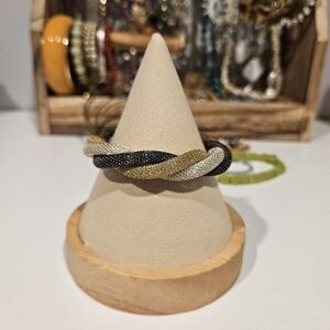 Tri-Tone Twisted Mesh Bracelet Magnetic Closure Silver Black Gold Womens Jewelry